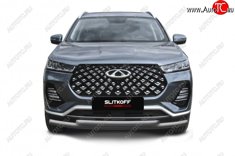 8 699 р. Защита переднего бампера Slitkoff (Ø 57+Ø 42 мм). Chery Tiggo 7 PRO (2019-2025) (Цвет: серебристый)  с доставкой в г. Екатеринбург