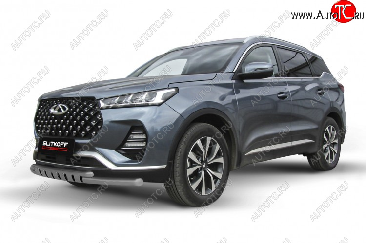 10 649 р. Защита переднего бампера Slitkoff (Ø 57+Ø 42 мм). Chery Tiggo 7 PRO (2019-2025) (Цвет: серебристый)  с доставкой в г. Екатеринбург