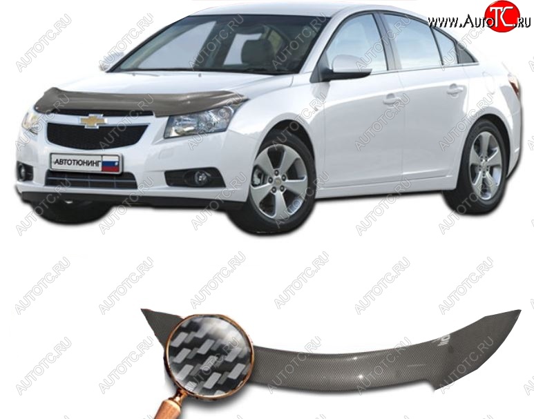 2 399 р. Дефлектор капота CA-Plastiс  Chevrolet Cruze ( J300,  D2LC) (2009-2018) седан дорестайлинг, седан рестайлинг, седан дорестайлинг (Шелкография карбон-серебро)  с доставкой в г. Екатеринбург