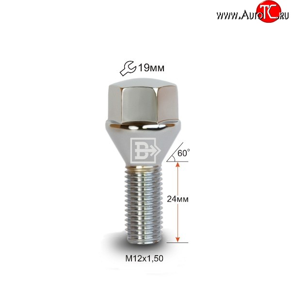 112 р. Колёсный болт длиной 24 мм Вектор M12 1.5 24 под гаечный ключ (пос.место: конус) Chery Arrizo 8 (2022-2025)