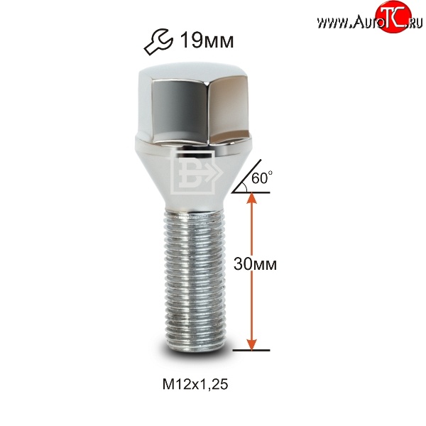 112 р. Колёсный болт длиной 30 мм Вектор M12 1.25 30 под гаечный ключ (пос.место: конус) Лада Калина 2192 хэтчбек (2013-2018)