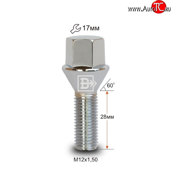 112 р. Колёсный болт длиной 28 мм Вектор M12 1.5 28 под гаечный ключ (пос.место: конус) Zotye T600 (2014-2021)