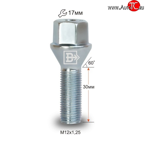 52 р. Колёсный болт длиной 30 мм Вектор M12 1.25 30 под гаечный ключ Лада Калина 1117 универсал (2004-2013)