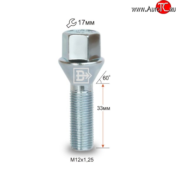 125 р. Колёсный болт длиной 33 мм Вектор M12 1.25 33 под гаечный ключ Chery Kimo A1 хэтчбэк (2008-2014)
