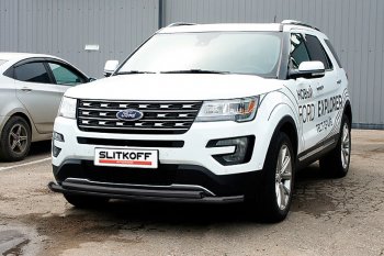 12 999 р. Защита переднего бампера Slitkoff (двойная, d57/57 мм)  Ford Explorer  U502 (2015-2018) 1-ый рестайлинг, 5 дв. (Сталь с полимерным покрытием. Цвет: чёрный)  с доставкой в г. Екатеринбург. Увеличить фотографию 1