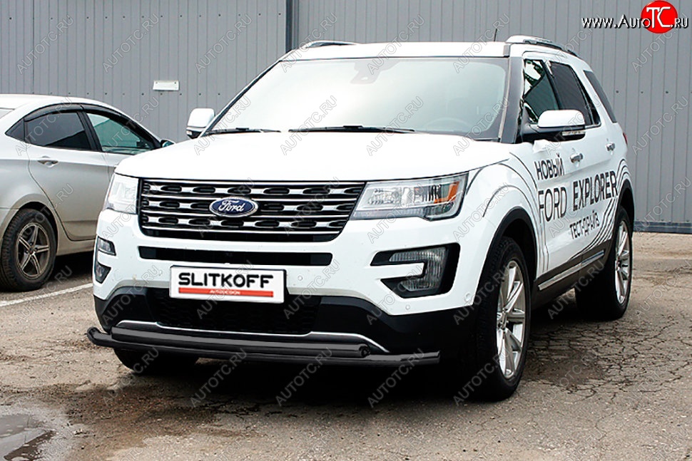 12 999 р. Защита переднего бампера Slitkoff (двойная, d57/57 мм)  Ford Explorer  U502 (2015-2018) 1-ый рестайлинг, 5 дв. (Сталь с полимерным покрытием. Цвет: чёрный)  с доставкой в г. Екатеринбург