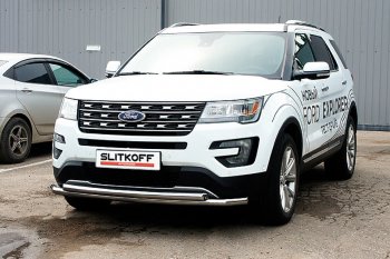 18 749 р. Защита переднего бампера Slitkoff (двойная, d57/57 мм)  Ford Explorer  U502 (2015-2018) 1-ый рестайлинг, 5 дв. (Нержавейка, Полированная)  с доставкой в г. Екатеринбург. Увеличить фотографию 1