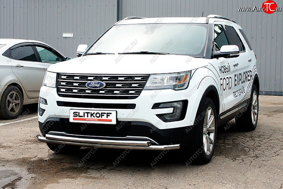 18 749 р. Защита переднего бампера Slitkoff (двойная, d57/57 мм)  Ford Explorer  U502 (2015-2018) 1-ый рестайлинг, 5 дв. (Нержавейка, Полированная)  с доставкой в г. Екатеринбург