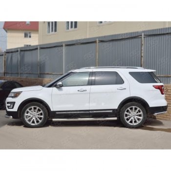 Защита порогов из трубы d76 мм с пластиковыми вставками для ног Russtal v3 Ford Explorer U502 1-ый рестайлинг, 5 дв. (2015-2018)