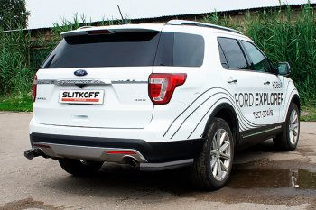 Защита заднего бампера Slitkoff (d76 мм, уголки) Ford (Форд) Explorer (Експлорер)  U502 (2015-2018) U502 1-ый рестайлинг, 5 дв.  (Сталь с полимерным покрытием. Цвет: чёрный)