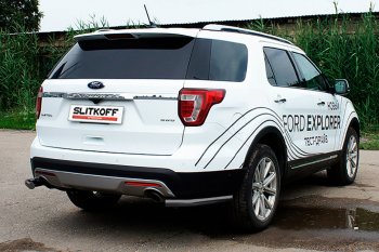 Защита заднего бампера Slitkoff (d57 мм, уголки) Ford (Форд) Explorer (Експлорер)  U502 (2017-2019) U502 2-ой рестайлинг, 5 дв.  (Сталь с полимерным покрытием. Цвет: чёрный)