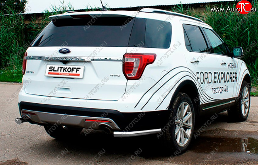 8 599 р. Защита заднего бампера Slitkoff (Ø 57, уголки)  Ford Explorer  U502 (2017-2019) 2-ой рестайлинг, 5 дв. (Сталь с полимерным покрытием. Цвет: серебристый)  с доставкой в г. Екатеринбург