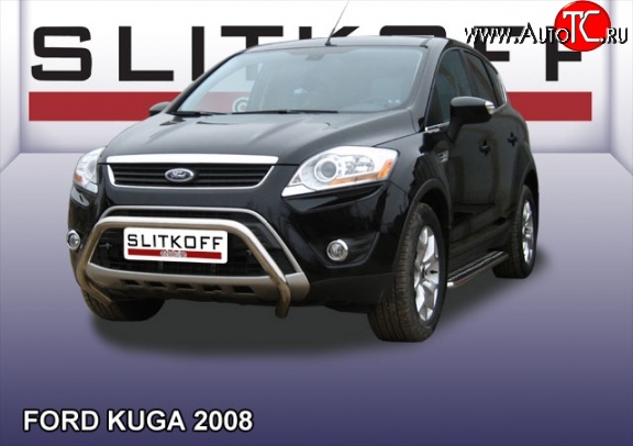 19 599 р. Усиленная низкая защита переднего бампера Slitkoff Ford Kuga 1 (2008-2013) (Нержавейка, Полированная)  с доставкой в г. Екатеринбург