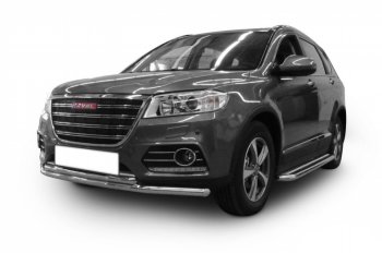 9 999 р. Защита переднего бампера Slitkoff (Ø 57+Ø 57). Haval H2 (2014-2021) (Цвет: серебристый)  с доставкой в г. Екатеринбург. Увеличить фотографию 1