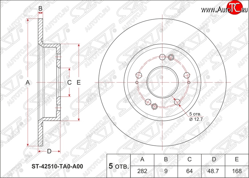 1 999 р. Диск тормозной SAT (не вентилируемый, Ø282)  Honda Accord ( CU,  CW) (2008-2011) седан дорестайлинг, универсал дорестайлинг  с доставкой в г. Екатеринбург