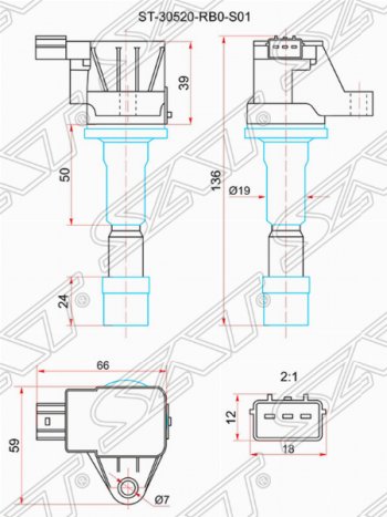 1 539 р. Катушка зажигания SAT  Honda Fit ( GE,  2) (2007-2014) дорестайлинг, GE 1-ый рестайлинг, GE 2-ой рестайлинг  с доставкой в г. Екатеринбург. Увеличить фотографию 1