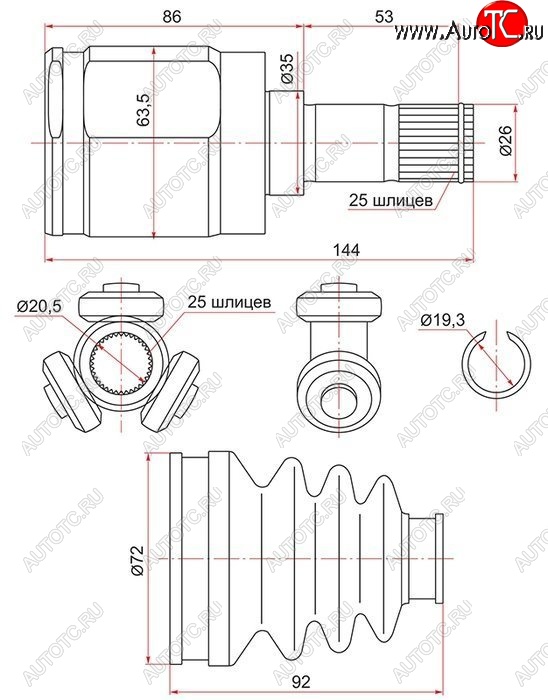 3 089 р. ШРУС внутренний SAT (левый/правый, сальник 35, шлицы 25/25) Honda Fit 1 GD дорестайлинг (2001-2004)  с доставкой в г. Екатеринбург