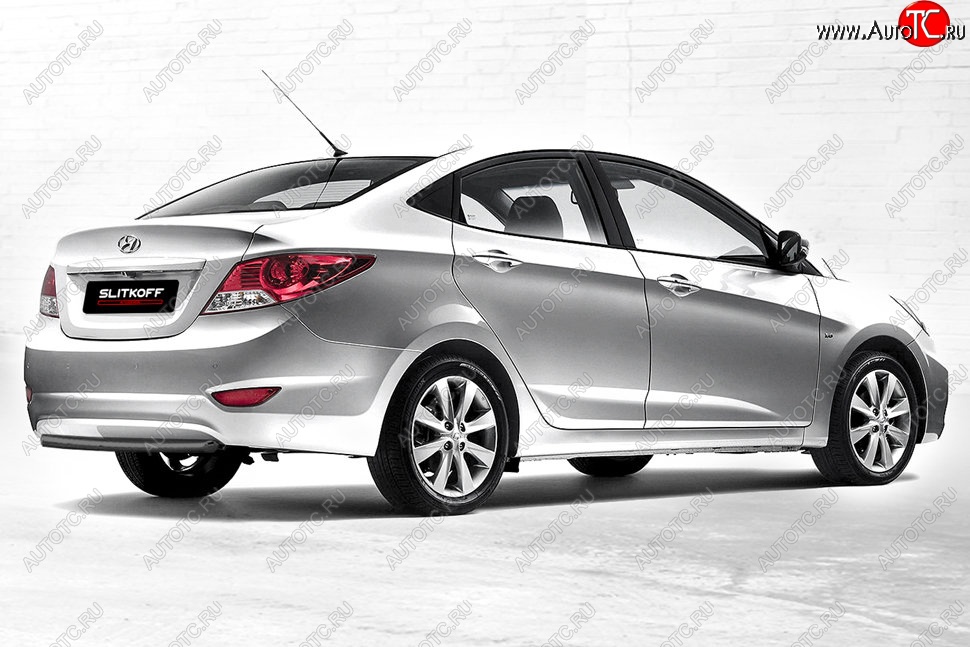 3 379 р. Защита заднего бампера Slitkoff (d42)  Hyundai Solaris  RBr (2010-2014) седан дорестайлинг (Сталь с полимерным покрытием. Цвет: чёрный)  с доставкой в г. Екатеринбург