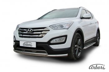 13 229 р. Защита переднего бампера Arbori (нержавейка, 2 трубы d57 и 42 mm)  Hyundai Santa Fe  DM (2012-2016) дорестайлинг  с доставкой в г. Екатеринбург. Увеличить фотографию 1