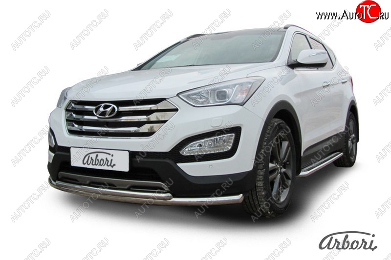 13 229 р. Защита переднего бампера Arbori (нержавейка, 2 трубы d57 и 42 mm) Hyundai Santa Fe DM дорестайлинг (2012-2016)  с доставкой в г. Екатеринбург