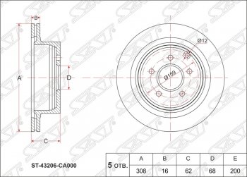 2 449 р. Диск тормозной SAT (не вентилируемый, Ø308) INFINITI FX35 S50 дорестайлинг (2002-2005)  с доставкой в г. Екатеринбург. Увеличить фотографию 1