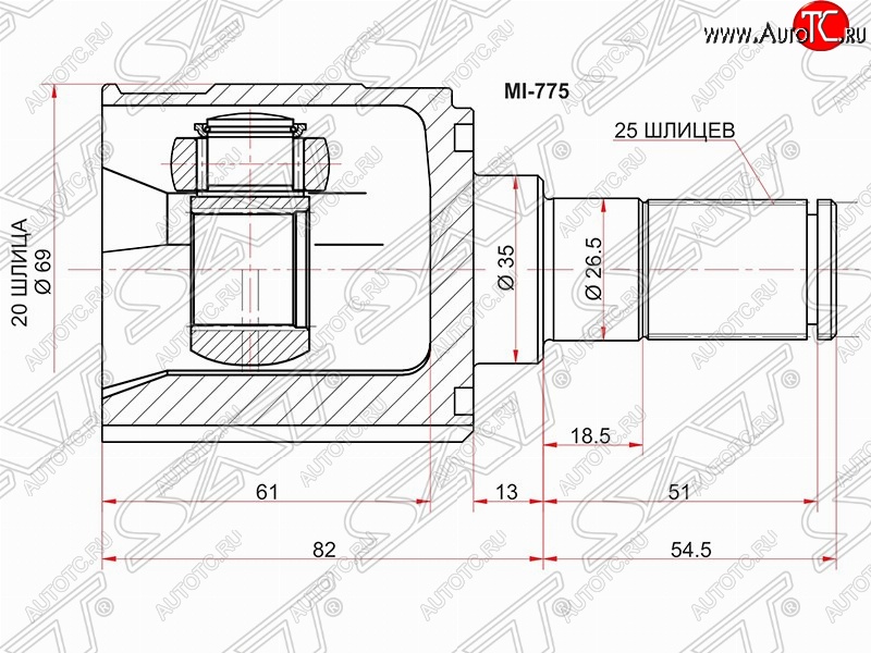 2 399 р. ШРУС SAT (внутренний, 20*25*35 мм) KIA Picanto 1 SA хэтчбэк 5 дв. дорестайлинг (2003-2007)  с доставкой в г. Екатеринбург