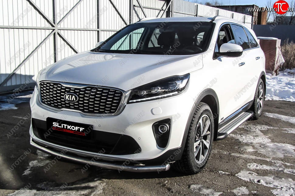 14 449 р. Защита переднего бампера Slitkoff (двойная, d57/42)  KIA Sorento  UM/Prime (2018-2020) рестайлинг (Нержавейка, Полированная)  с доставкой в г. Екатеринбург