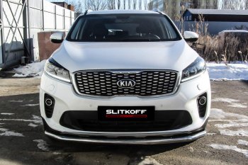 14 449 р. Защита переднего бампера Slitkoff (двойная, d57/42)  KIA Sorento  UM/Prime (2018-2020) рестайлинг (Нержавейка, Полированная)  с доставкой в г. Екатеринбург. Увеличить фотографию 2