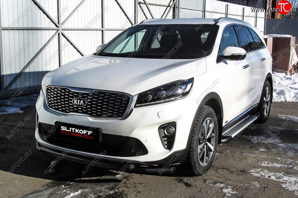 10 499 р. Защита переднего бампера Slitkoff (двойная, d57/42)  KIA Sorento  UM/Prime (2018-2020) рестайлинг (Сталь с полимерным покрытием. Цвет: чёрный)  с доставкой в г. Екатеринбург