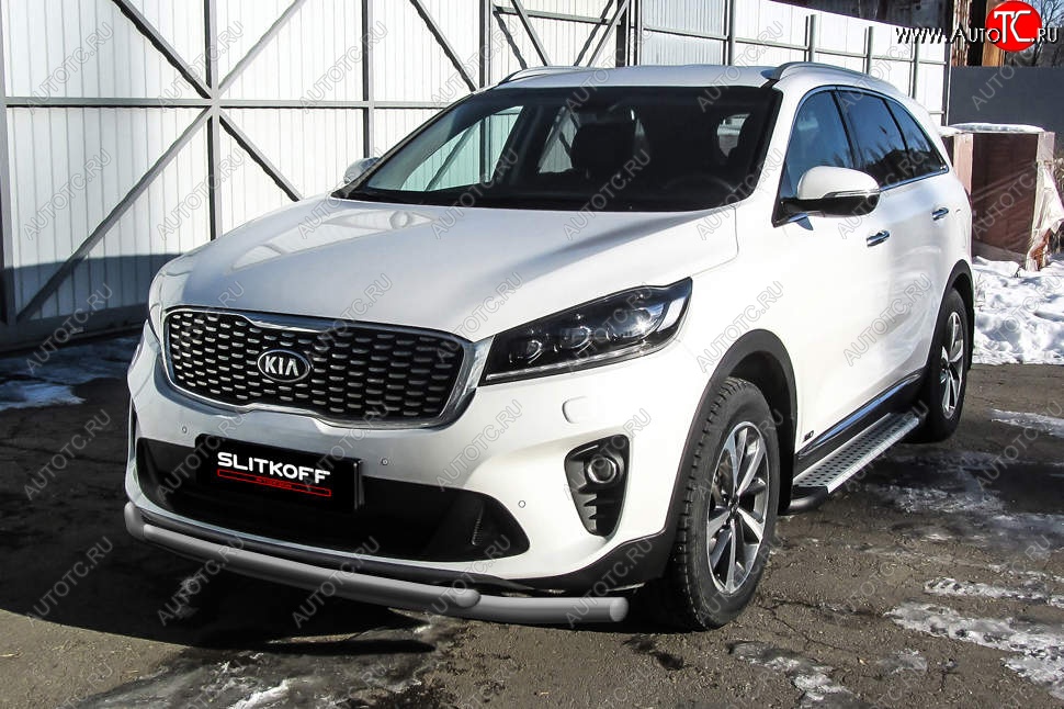 10 499 р. Защита переднего бампера Slitkoff (двойная, d57/42)  KIA Sorento  UM/Prime (2018-2020) рестайлинг (Сталь с полимерным покрытием. Цвет: серебристый)  с доставкой в г. Екатеринбург