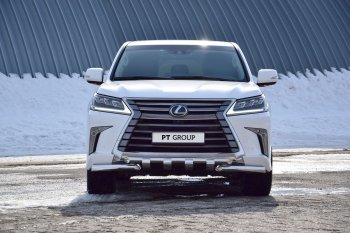 Защита переднего бампера двойная с зубьями из труб d63/63 мм Petroil Tuning Lexus LX450d J200 2-ой рестайлинг (2015-2022)  (Нержавеющая полированная сталь)