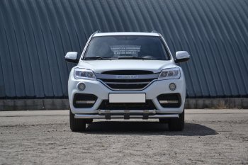 Защита переднего бампера двойная с пластинами из труб d63/63 мм Petroil Tuning Lifan X60 2-ой рестайлинг (2016-2024)  (Нержавеющая полированная сталь)