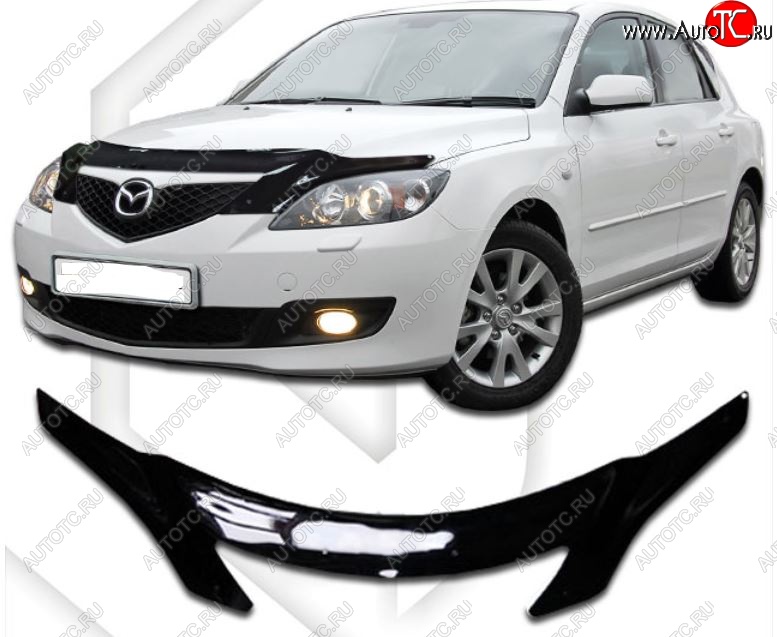 2 479 р. Дефлектор капота CA-Plastiс  Mazda 3/Axela  BK (2003-2009) дорестайлинг, хэтчбэк, рестайлинг, хэтчбэк (Classic черный, Без надписи)  с доставкой в г. Екатеринбург