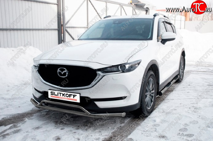 11 799 р. Защита переднего бампера Slitkoff (Ø 57+Ø 32, двойная). Mazda CX-5 KF (2016-2024) (Сталь с полимерным покрытием. Цвет: серебристый)  с доставкой в г. Екатеринбург