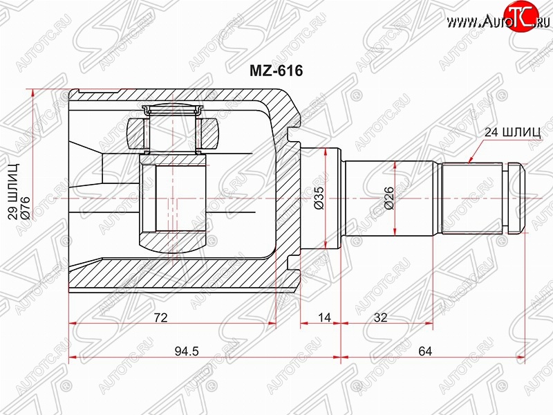 6 549 р. Шрус (внутренний/левый) SAT (29*24*35 мм) Mazda 323/Familia седан BJ дорестайлинг (1998-2000)  с доставкой в г. Екатеринбург