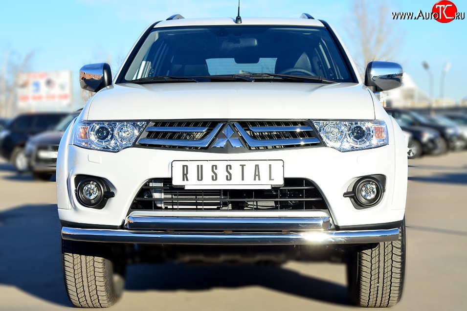 10 899 р. Защита переднего бампера (2 трубыØ63 мм, нержавейка) Russtal Mitsubishi Pajero Sport PB рестайлинг (2013-2017)  с доставкой в г. Екатеринбург