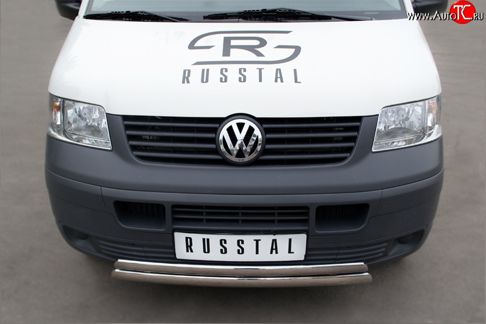 22 299 р. Защита переднего бампера (2 трубыØ75х42 мм, нержавейка) Russtal Volkswagen Transporter T5 дорестайлинг (2003-2009)  с доставкой в г. Екатеринбург