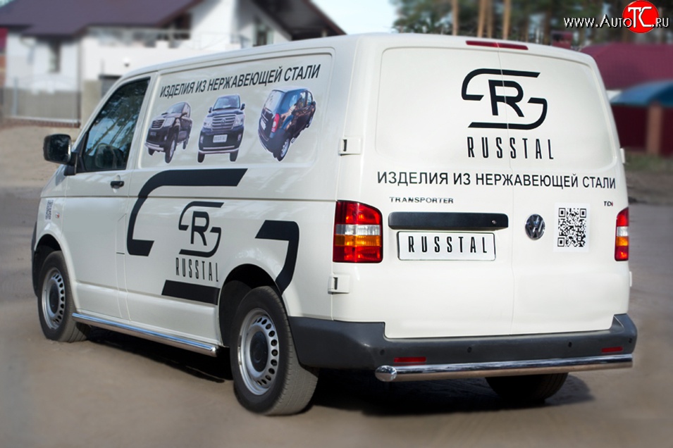 14 949 р. Защита заднего бампера (Ø63 мм, нержавейка) Russtal Volkswagen Transporter T5 дорестайлинг (2003-2009)  с доставкой в г. Екатеринбург