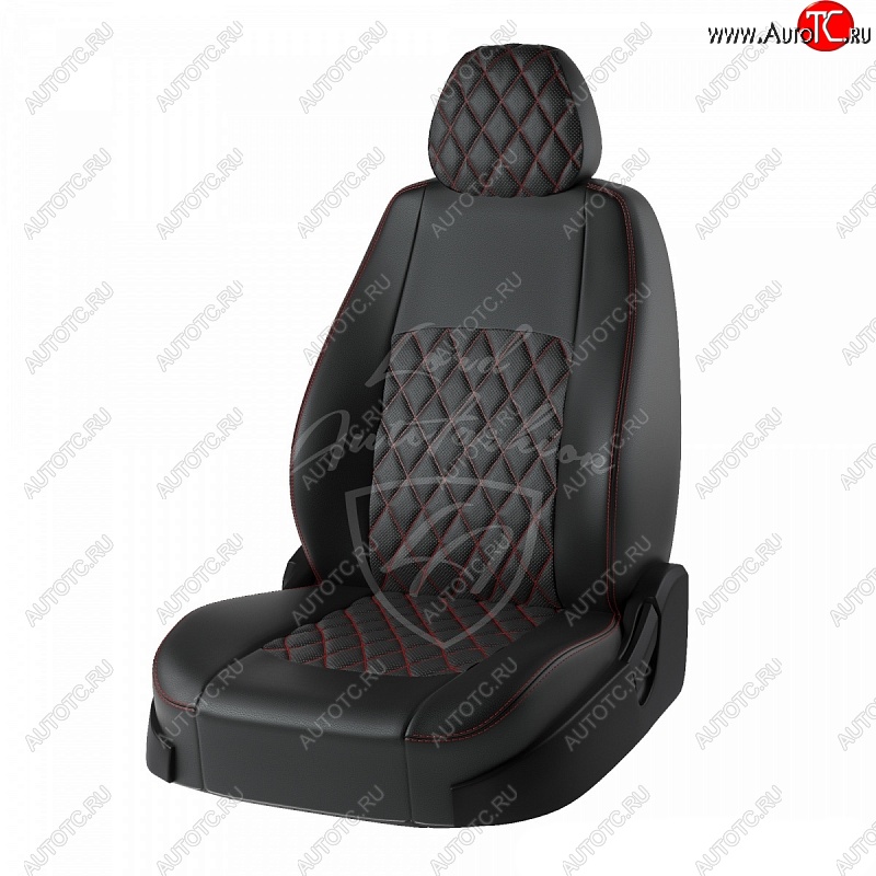 7 999 р. Чехлы для сидений Lord Autofashion Турин Ромб (экокожа) Nissan Almera G15 седан (2012-2019) (Черный, вставка черная, строчка красная)  с доставкой в г. Екатеринбург