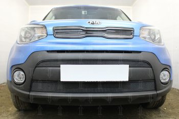 Защитная сетка в бампер (2 части, ячейка 3х7 мм) Alfeco Стандарт KIA Soul PS рестайлинг (2017-2019)  (Чёрная)