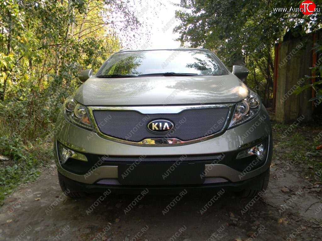 3 589 р. Защитная сетка в бампер (верх, ячейка 3х7 мм) Alfeco Стандарт  KIA Sportage  3 SL (2010-2014) дорестайлинг (Хром)  с доставкой в г. Екатеринбург