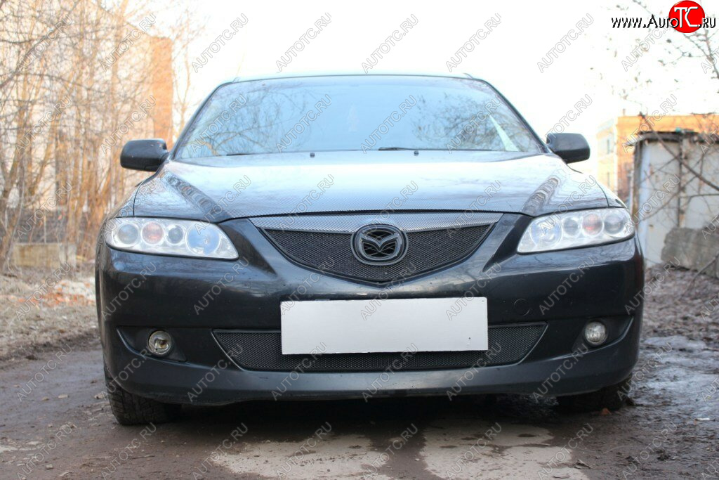 3 099 р. Защитная сетка в бампер (верх, ячейка 3х7 мм) Alfeco Стандарт Mazda 6 GG седан дорестайлинг (2002-2005) (Чёрная)  с доставкой в г. Екатеринбург