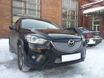 3 589 р. Защитная сетка в бампер (верх, ячейка 3х7 мм) Alfeco Стандарт Mazda CX-5 KE дорестайлинг (2011-2014) (Хром)  с доставкой в г. Екатеринбург. Увеличить фотографию 3