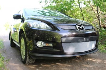 3 999 р. Защитная сетка в бампер (низ, ячейка 3х7 мм) Alfeco Стандарт Mazda CX-7 ER дорестайлинг (2006-2010) (Хром)  с доставкой в г. Екатеринбург. Увеличить фотографию 2