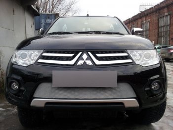 Защитная сетка в бампер (низ, ячейка 3х7 мм) Alfeco Стандарт Mitsubishi L200 4  рестайлинг (2013-2016)  (Хром)