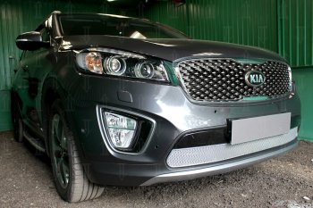 4 499 р. Защитная сетка в бампер (низ, ячейка 4х10 мм) Alfeco Премиум KIA Sorento UM/Prime дорестайлинг (2014-2018) (Хром)  с доставкой в г. Екатеринбург. Увеличить фотографию 2