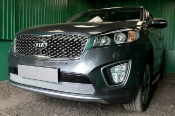 4 499 р. Защитная сетка в бампер (низ, ячейка 4х10 мм) Alfeco Премиум KIA Sorento UM/Prime дорестайлинг (2014-2018) (Хром)  с доставкой в г. Екатеринбург. Увеличить фотографию 3