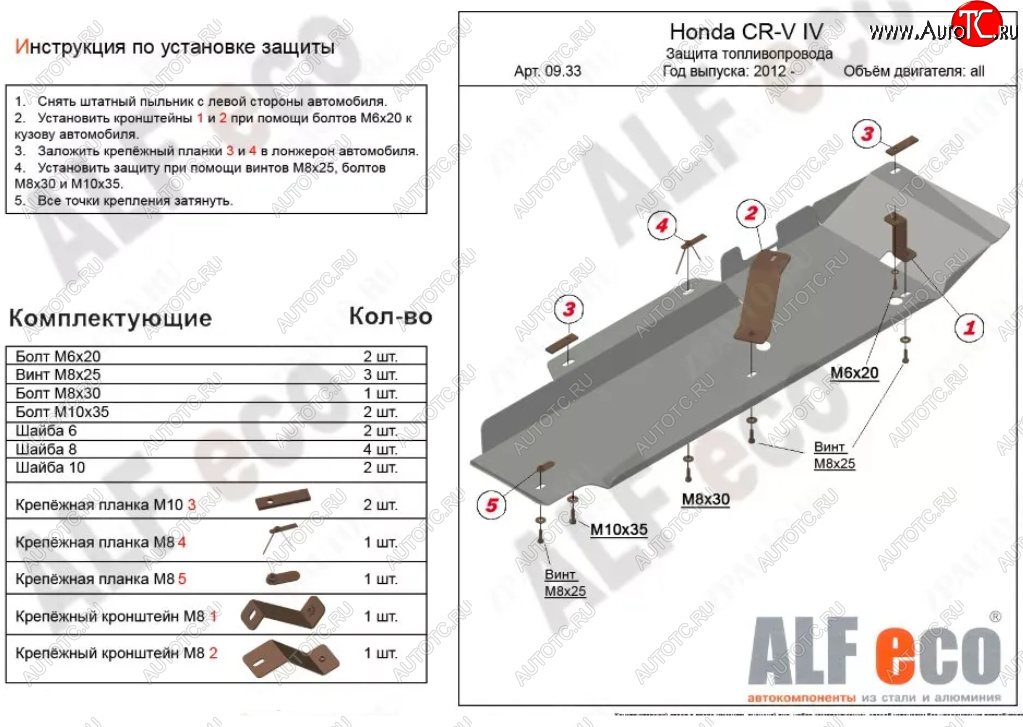 9 999 р. Защита топливопровода Alfeco  Honda CR-V  RM1,RM3,RM4 (2012-2018) дорестайлинг, рестайлинг (Алюминий 3 мм)  с доставкой в г. Екатеринбург