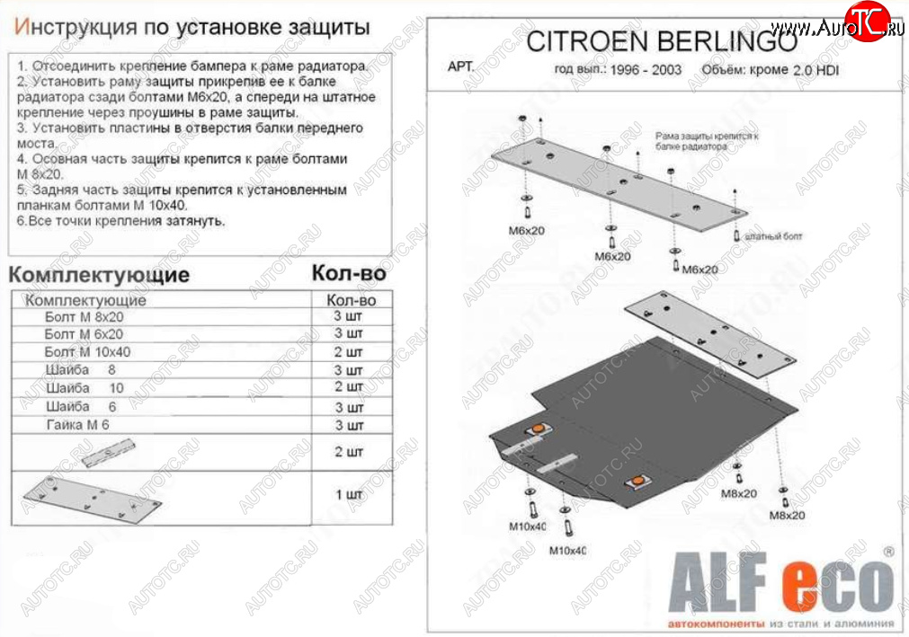 12 699 р. Защита картера двигателя и КПП (кроме 2,0 HDI) ALFECO  CITROEN Berlingo  M49 (1996-2003) дорестайлинг (Алюминий 4 мм)  с доставкой в г. Екатеринбург