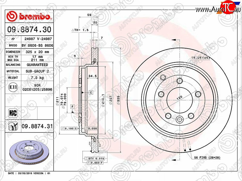 6 499 р. Задний тормозной диск (вентилируемый, d 325) BREMBO дизель Land Rover Range Rover Sport 1 L320 дорестайлинг (2005-2009)  с доставкой в г. Екатеринбург